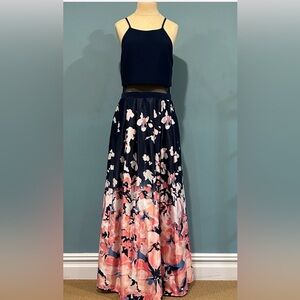 Betsy & Adam Printed Popover Maxi Dress with Illusion Mesh Waist sz 6 Navy Pink